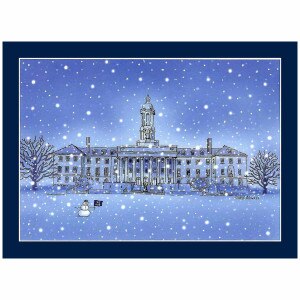 print of Old Main with snowman and snow 14x11